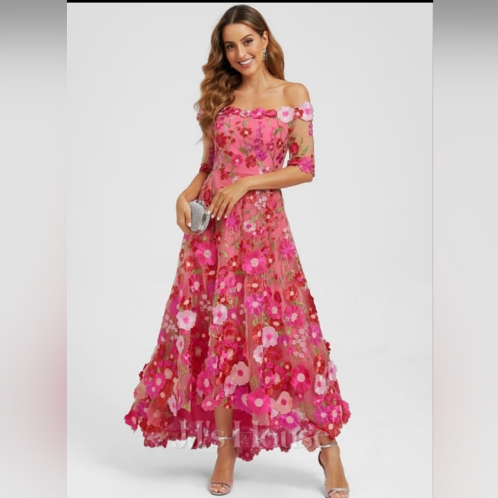 JJs House 3D Floral Pink Off-Shoulder Asymmetrical Dress. NWT. 20W.
